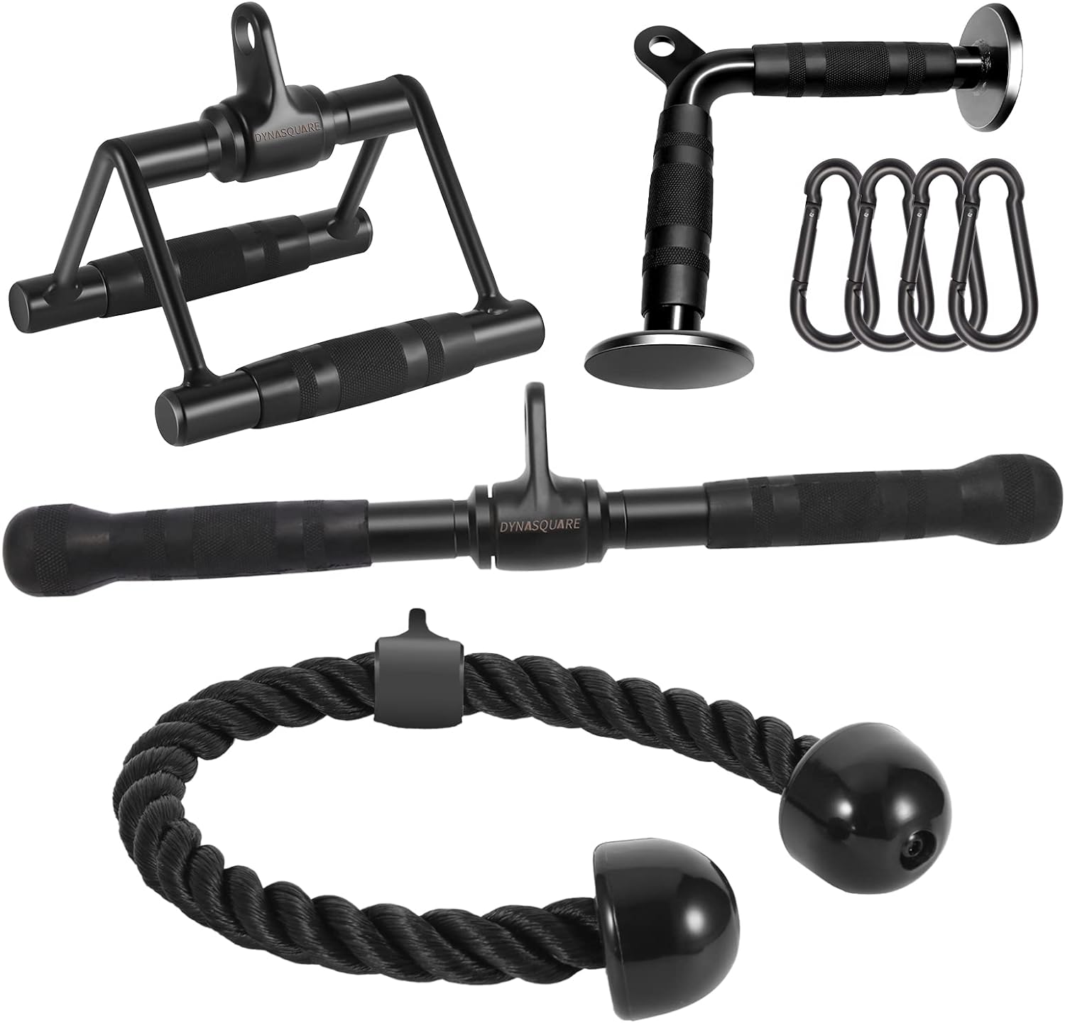 Set of 4 Cable Attachments for Home Gym - LAT Pulldown, V-Shaped Press Down Bar, Tricep Rope, and Double D Handle